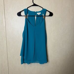 E&M Elegant Women's Teal Chiffon Blouse Split Front, Sheer, Flowy, Button Back